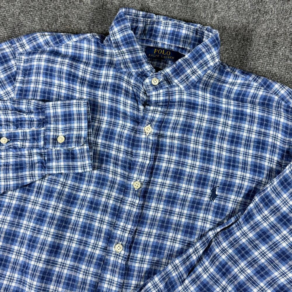 Polo Ralph Lauren Mens L Shirt 100% Linen Blue Plaid Long Sleeve Pony Button Up